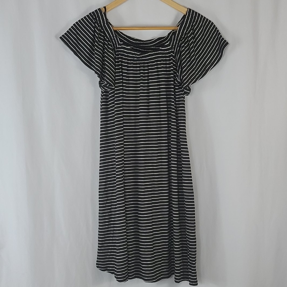 Ruffle Off Shoulder Black White Stripe Flare Dress - Picture 2 of 9
